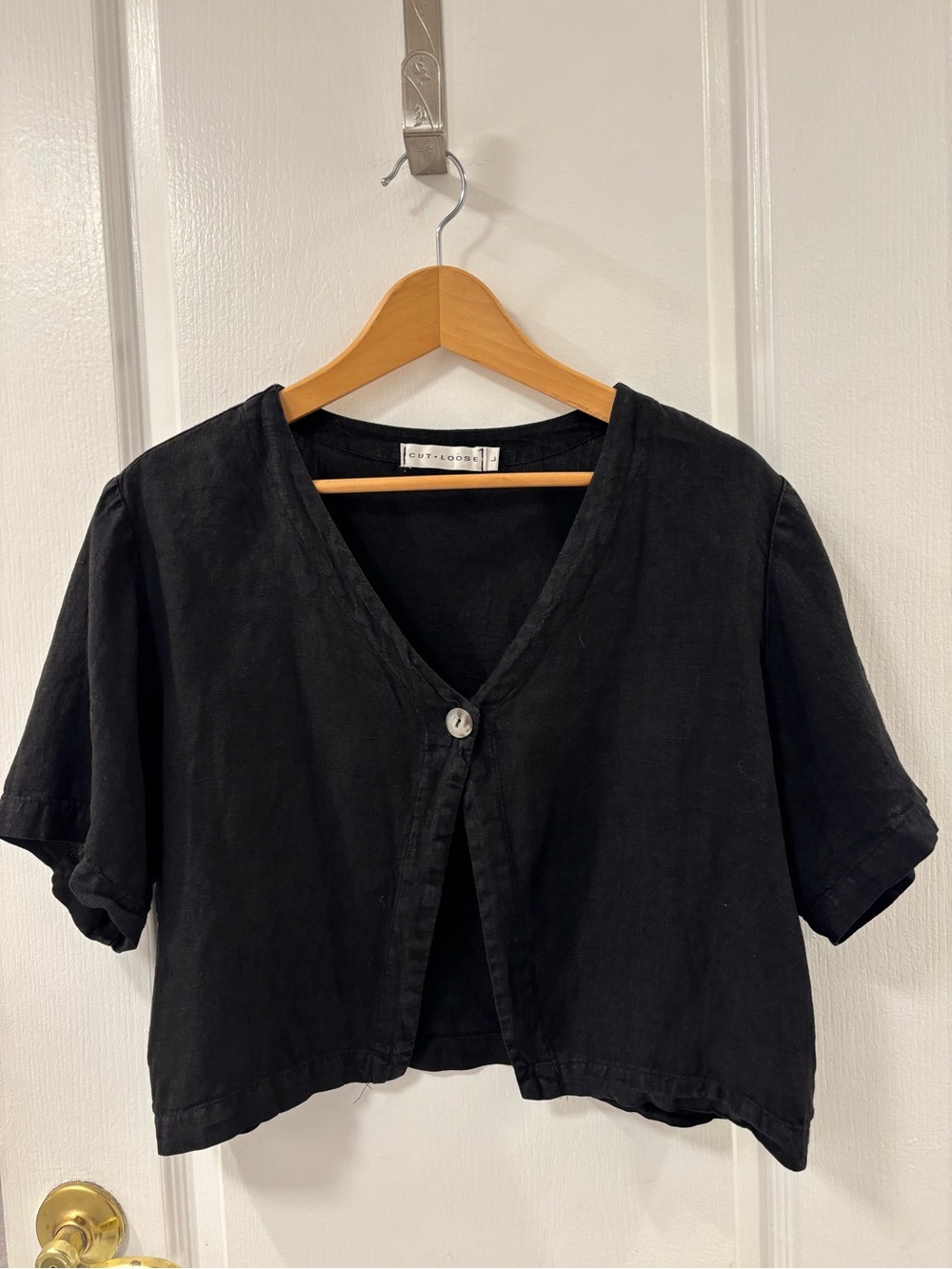 Cut Loose Boxy Cropped Linen Single Button Short Sleeve Black Jacket Top size L